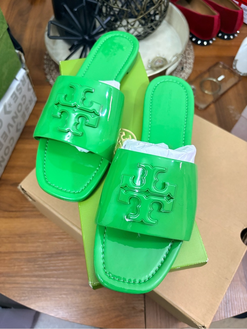Tory Burch Neon Green Patent Logo Slide Sandals